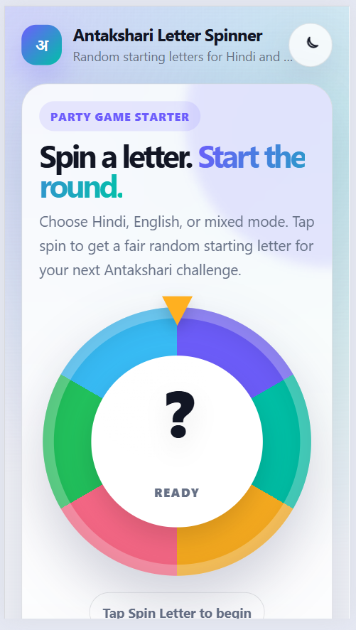 Code Antakshari Letter Spinner app showing random Hindi and English starting letters for music games