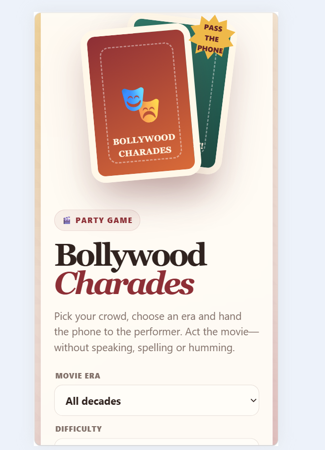 Bollywood Charades Generator app with movie prompts, timer, and party game controls