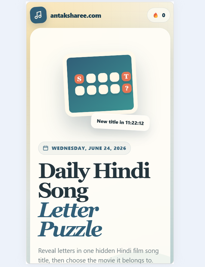 Daily Hindi song letter puzzle game with hidden song title tiles