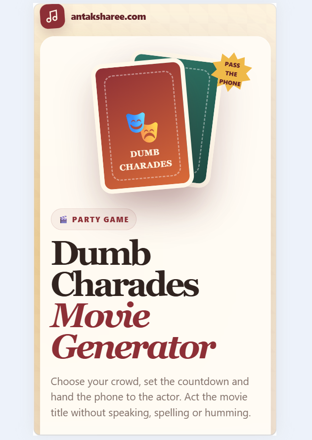 Dumb Charades Movie Generator app with movie prompts, timer, filters, and score tracking