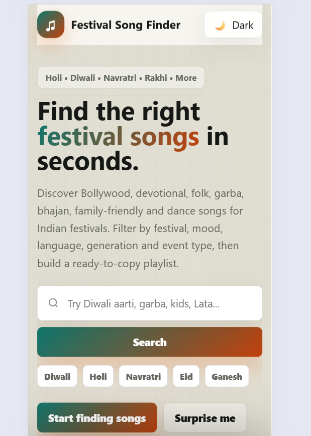 Festival Song Finder app showing Indian celebration playlist ideas