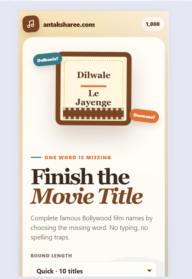 Bollywood movie title quiz app with a missing word challenge