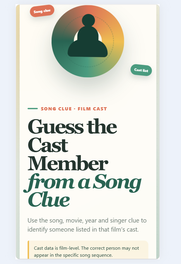 Bollywood song clue quiz game asking players to guess the correct film cast member