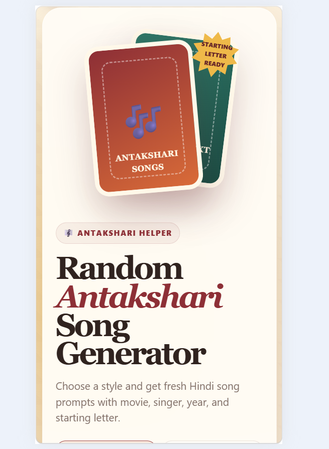 Random Antakshari Song Generator app for Hindi song prompts and starting letters