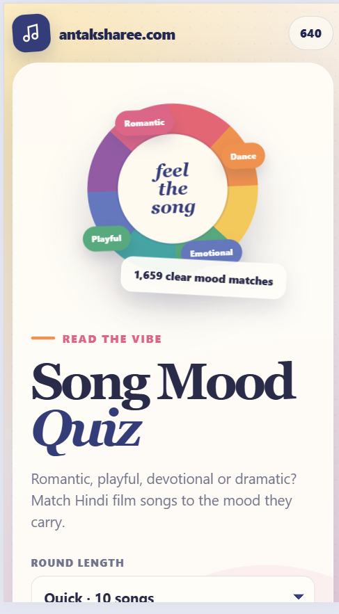 Colorful Bollywood Song Mood Quiz app with Hindi song mood choices
