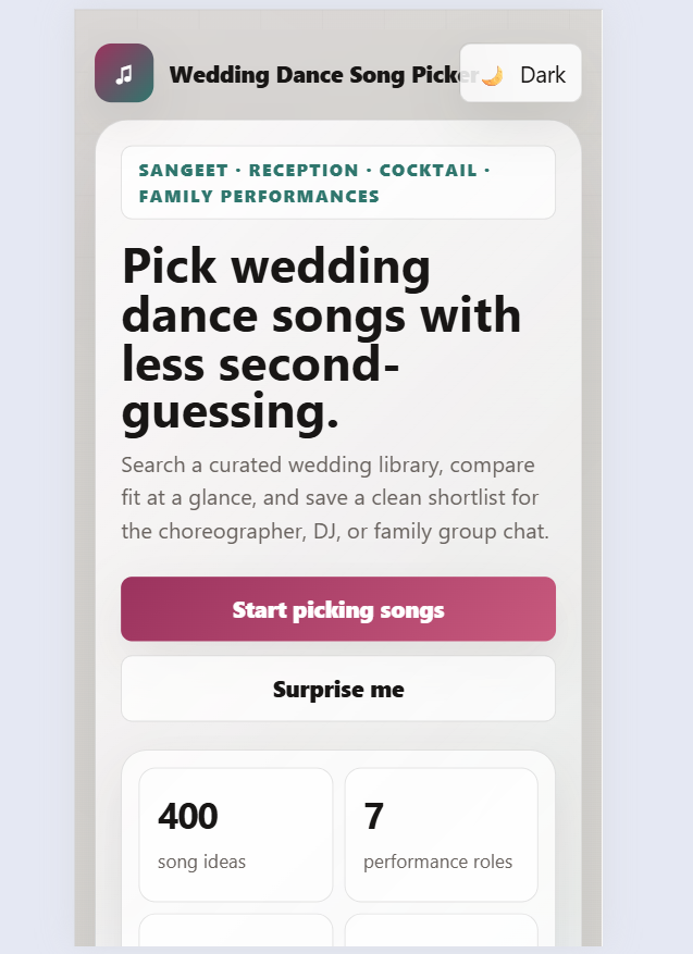 Wedding dance song picker app for choosing songs for bride, groom, family, friends, and group performances
