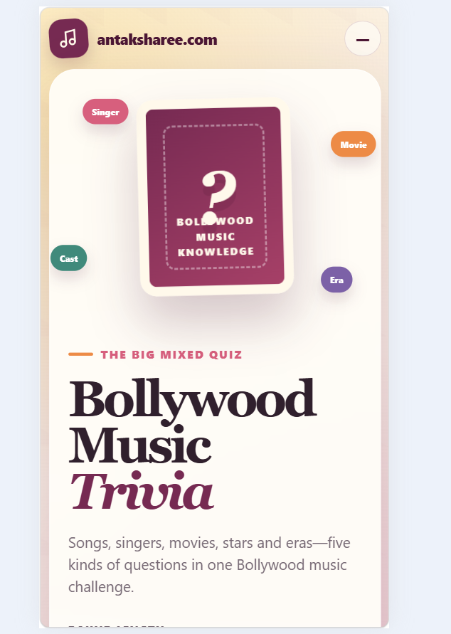 Bollywood Music Trivia quiz app with song, singer, movie, actor and decade questions