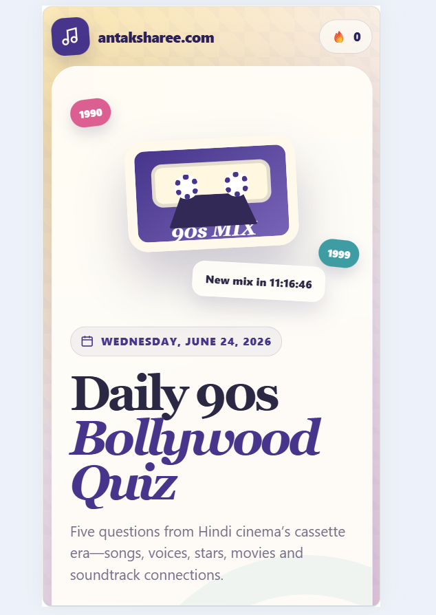 Daily 90s Bollywood Quiz app with a retro cassette theme for Hindi movie music trivia