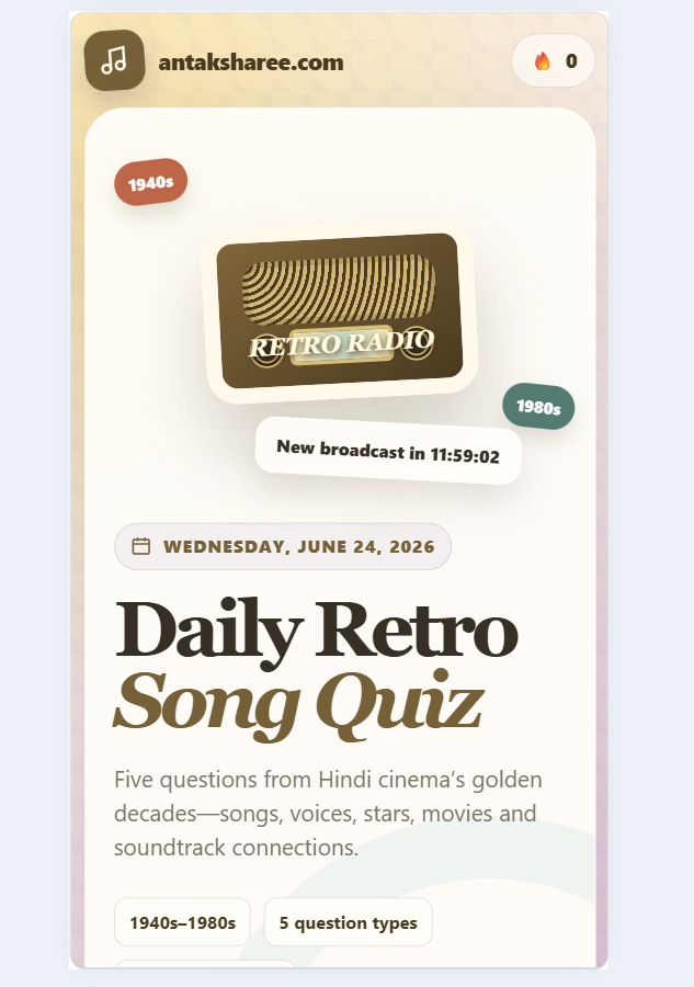 Retro cassette-themed Bollywood song quiz with daily classic Hindi music questions