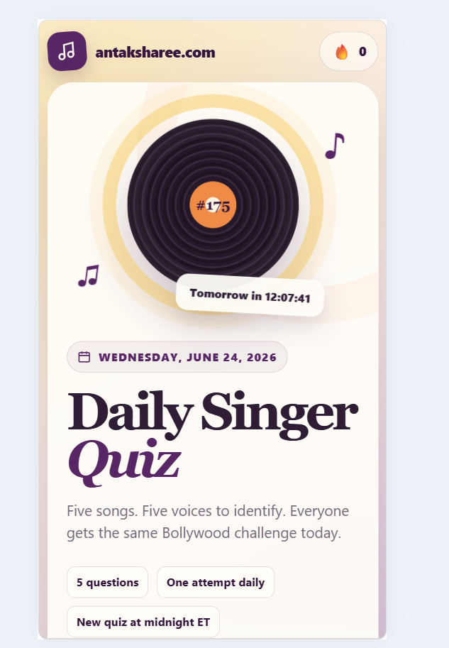Daily Singer Quiz app showing a Bollywood music record and singer guessing challenge