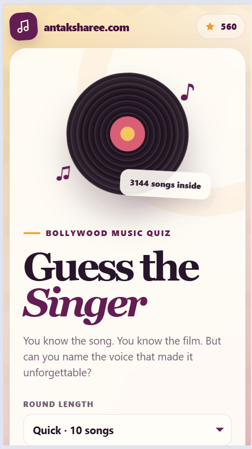 Bollywood music quiz app showing a vinyl record and singer guessing game
