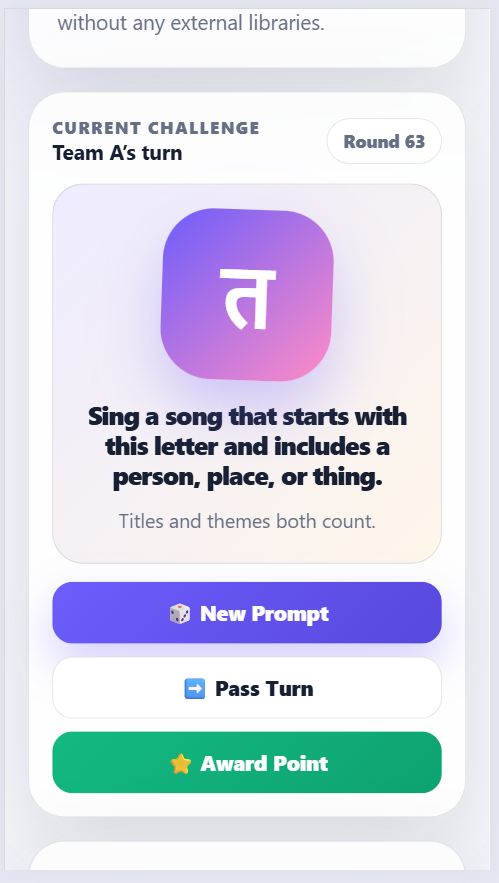 Kids Antakshari game with music prompts, random letters, timer, and team scores