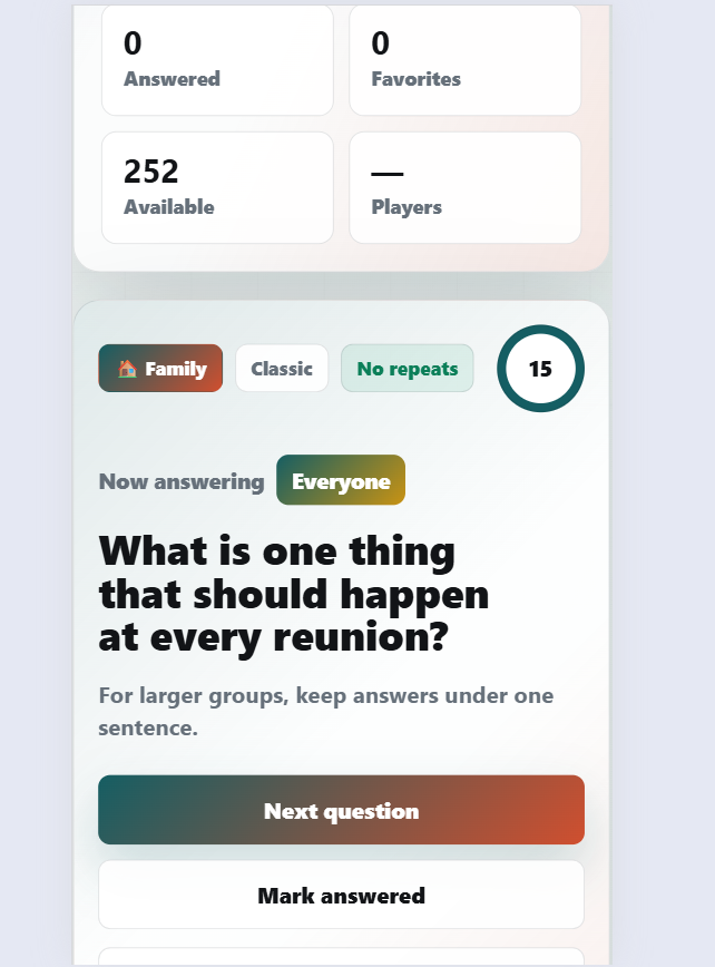 Rapid Fire Party Questions app with quick party prompts, timer, and player turns