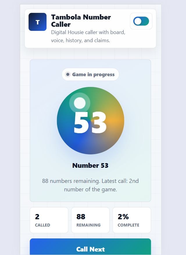 Digital Tambola Number Caller app showing called Housie numbers on a game board